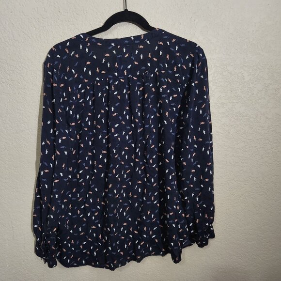 Loft Blouse Cat Print Long Sleeve XL Navy Blue - Picture 4 of 11